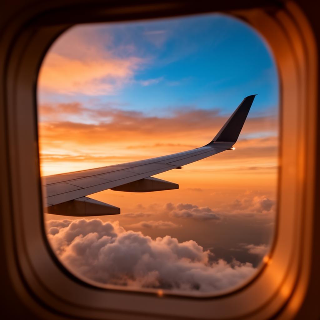 Airplane wing against a sunset sky seen through a cabin window